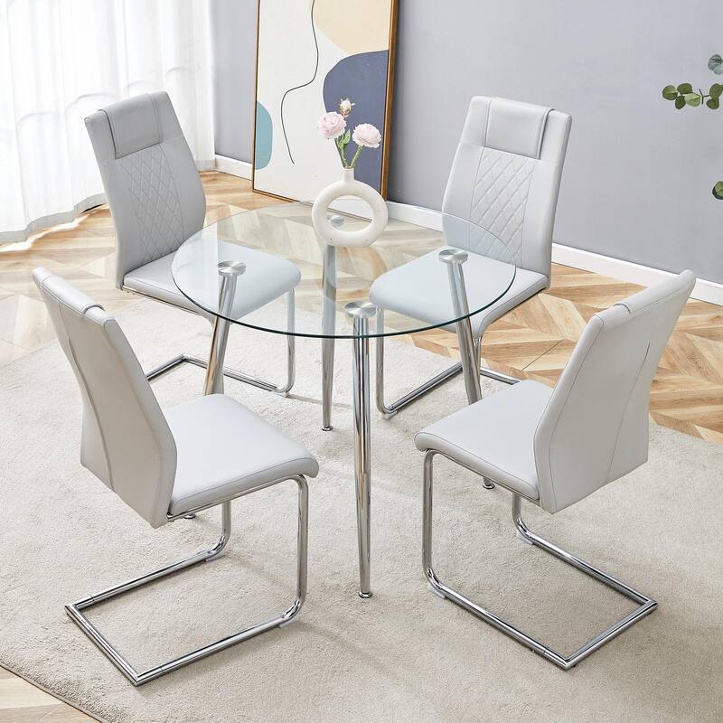 5-Piece 36" Round Glass Dining Table Set, Tempered Glass Table with Metal Legs and 4 PU Leather Chairs for Kitchen, Dining Room - Light Gray,Silver