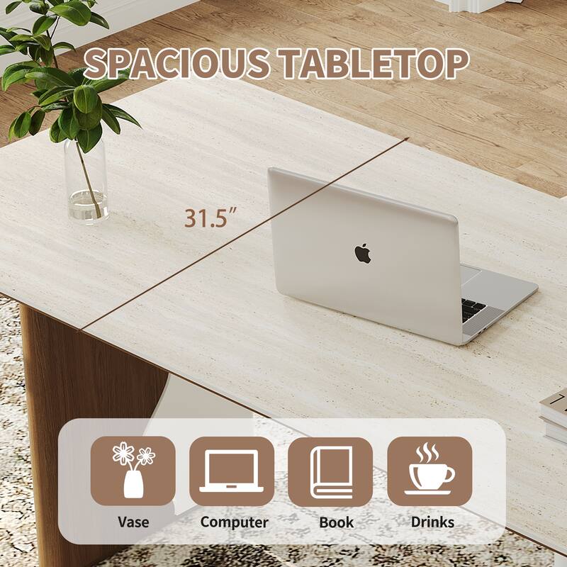 63" Modern Rectangular Writing Desk, Beige Sintered Stone Top, Meeting Desk With Solid Wood Legs