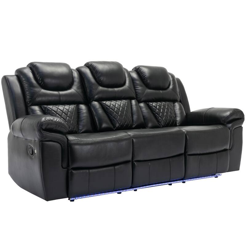 Home Theater Seating Manual Recliner Chair with Center Console and LED Light Strip for Living Room, Black