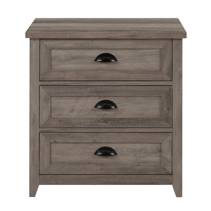 Grey Wash Farmhouse Nightstand with 3 Drawers and Cup Handles