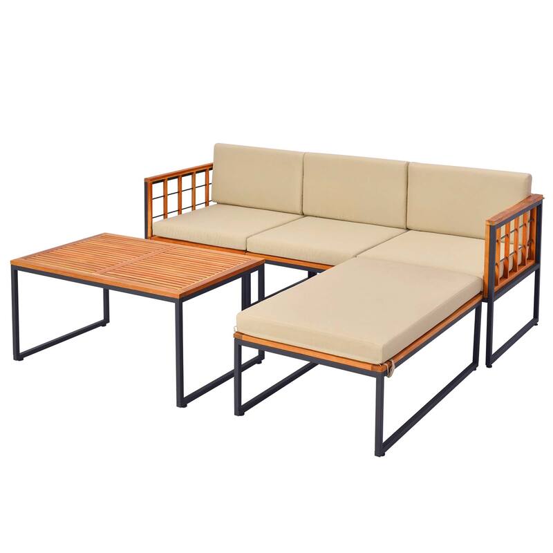 5 PCS Patio Furniture Set Acacia Wood Sectional Set with Cushions - Black, Natural, Beige
