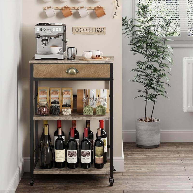 Coffee Bar Cart with Storage - 21.65"D x 13.76"W x 32.27"H - 21.65"D x 13.76"W x 32.27"H - Retro Brown and Black
