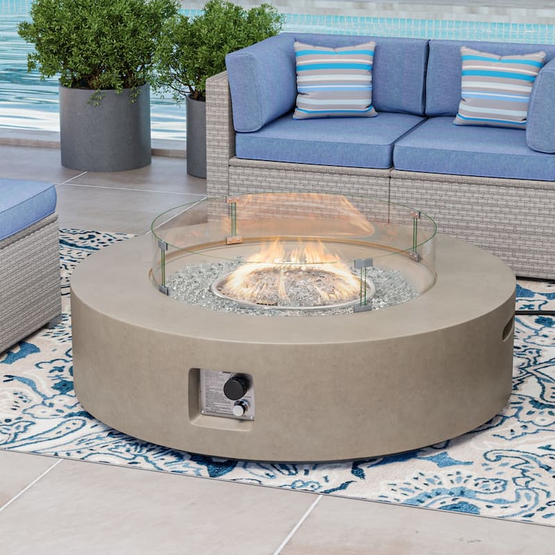 COSIEST 42'' Outdoor Round Propane Fire Pit w Wind Guard and Fire Glass - Grey + Transparent grey fire glass