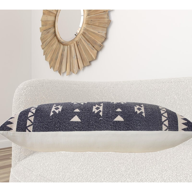 HomeRoots 14" X 36" Navy And White 100% Cotton Geometric Zippered Pillow