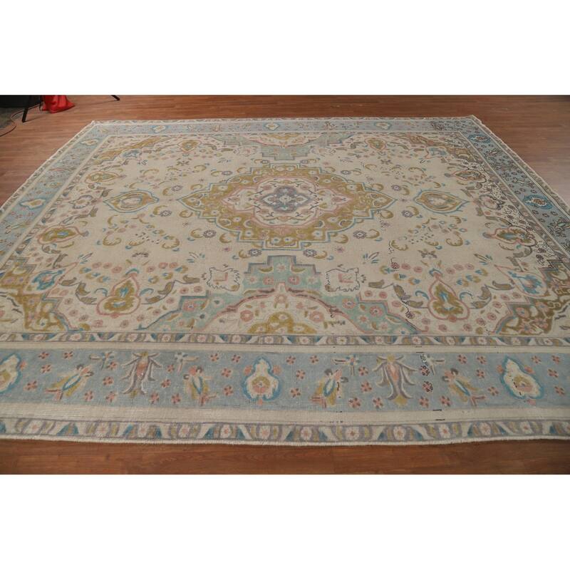 Hand Knotted Oriental 100% Wool Carpet Traditional Floral Beige & Ivories Tabriz Area Rug - 11' 6'' X 9' 7''