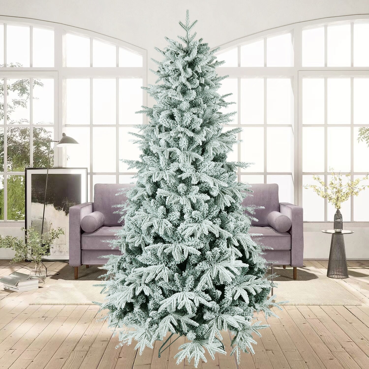 Snow Flocked Christmas Tree 7 ft Artificial Hinged Pine Tree with