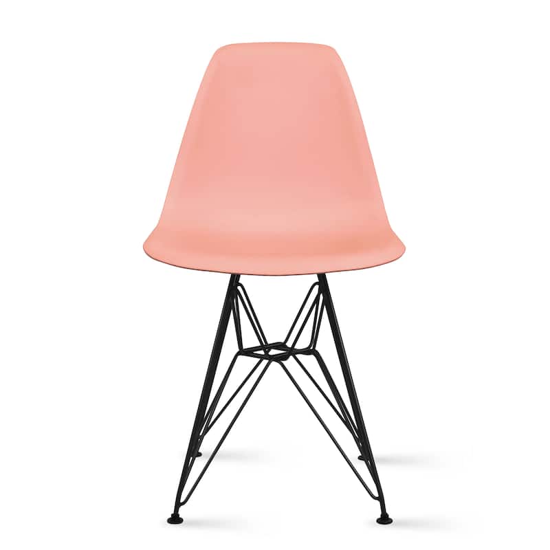Modern Color Pyramid Seat Height DSW Molded Armless Plastic Dining Room Chairs Black Wire Eiffel Dowel Legs - Coral Pink