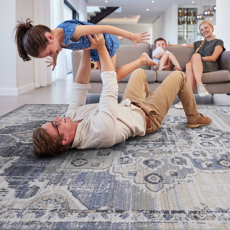 LOOM & LUXE Collection 2X8 Cream/Blue Area Rug - 96" D x 26" W x 0.28" H