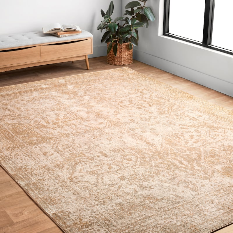 Alexander Home Contessa Shabby Chic Medallion Distressed Rug - 9'6" x 13' - Ivory/Light Gold