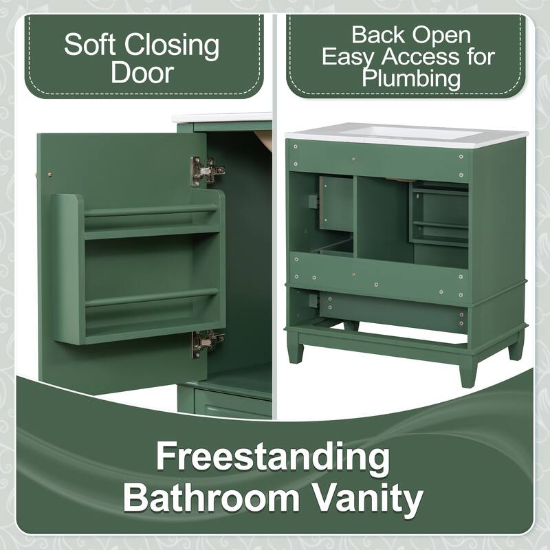 30" Bathroom Vanity with One Door, 3 Drawers, Ceramic Sink, and Soft-Close Hinges