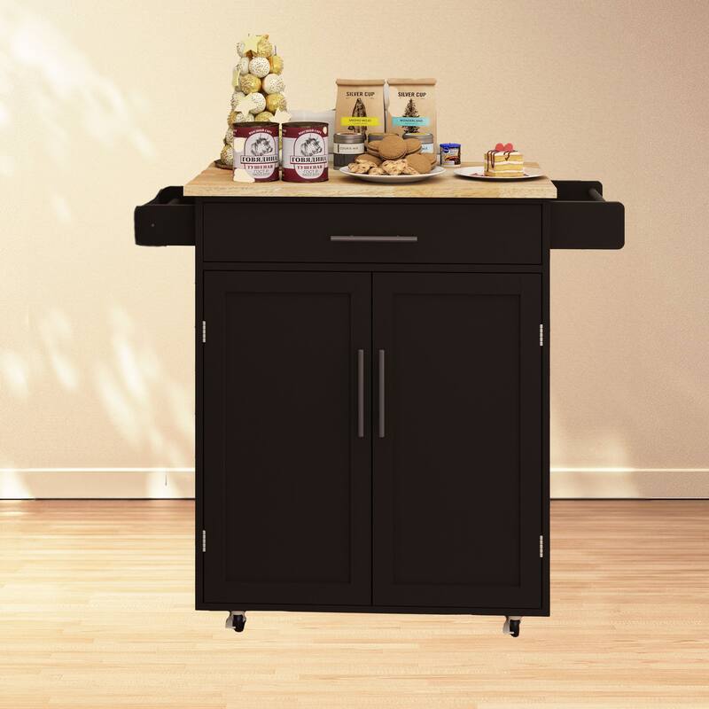 Farmhouse Style Rolling Kitchen Island with Rubber Wood Top, 1 Drawer, Storage Racks, and Locking Casters - White - Black