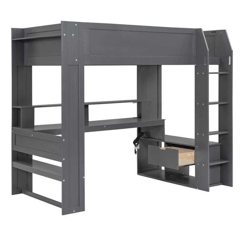 Dark Gray Twin Size Solid Wood MDF Gaming Loft Bed with Desk, Shelves, LED, and Charging Station