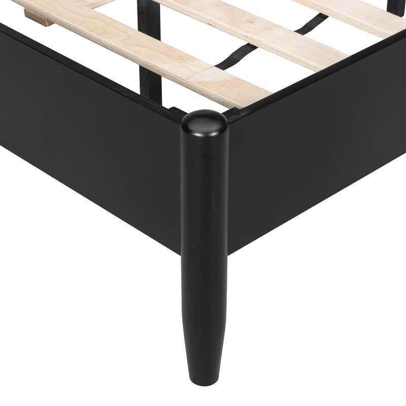 Modern Solid Wood Bed Frame Platform Bed with Central Textured Fabric Upholstered Headboard/Metal Handles/No Box Spring Needed