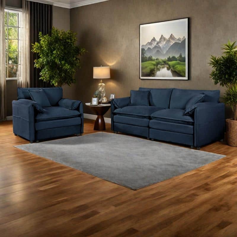 3-pieces Chenille Cloud Loveseat Sofa & Armchair Set with Deep Seat Couch and 3 Pillows - Blue