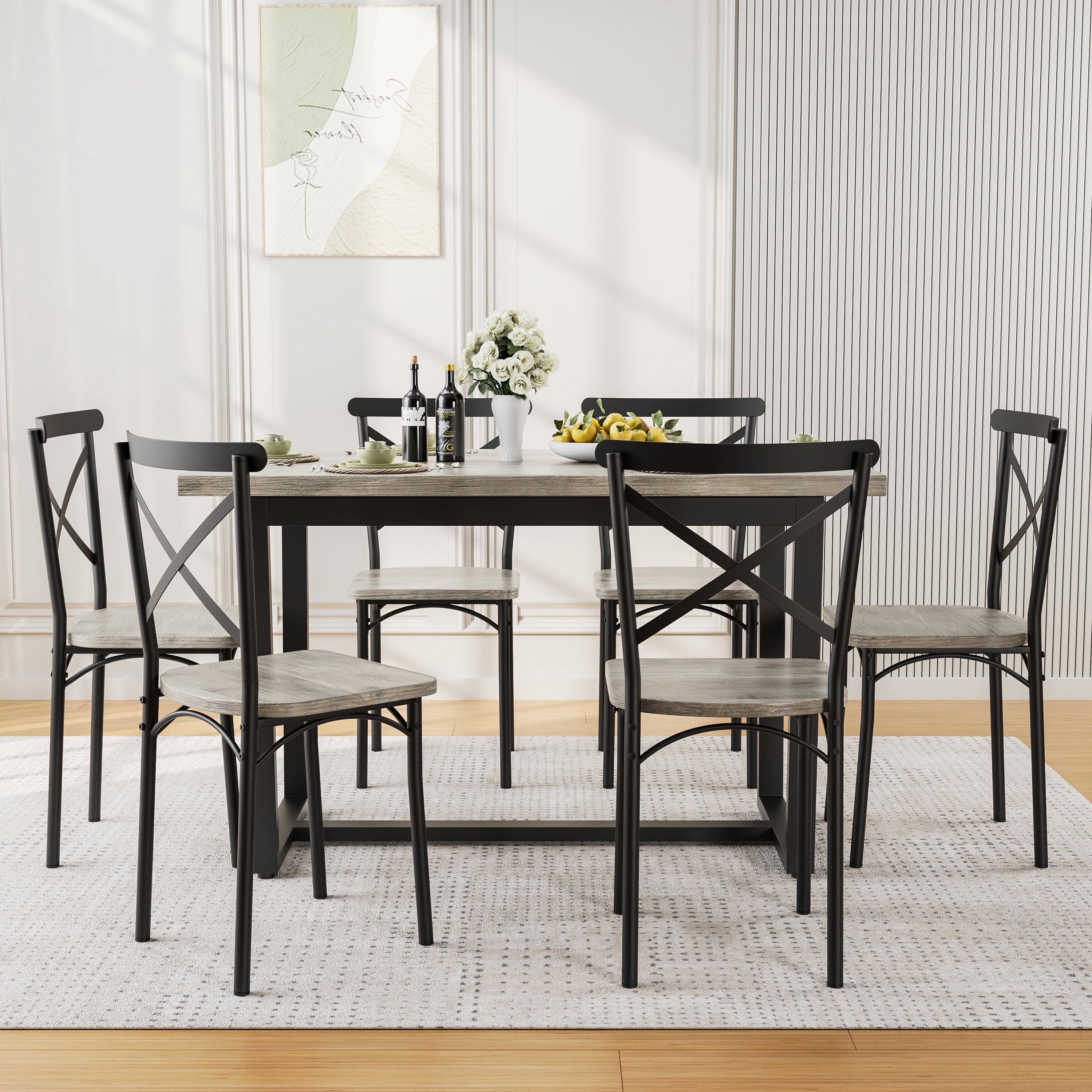 7-Piece Dining Set with Industrial Style Dining Table and X-Back