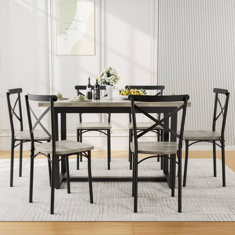 Modern 7-Piece Dining Set with Rectangular Table & 6 Cross Back Dining Chairs