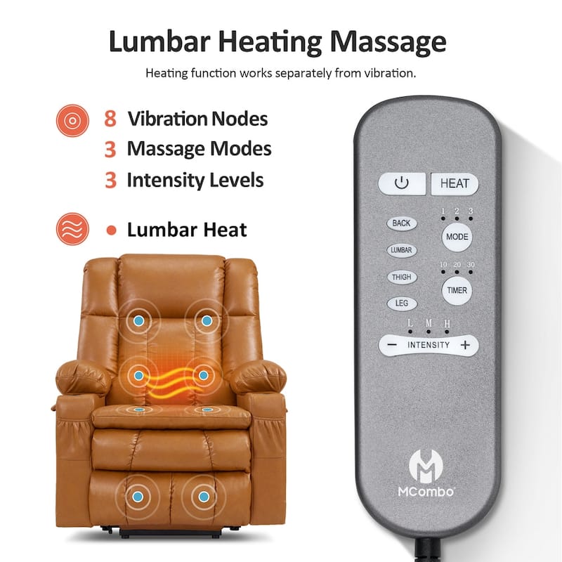 MCombo Medium Dual Motor Power Lift Recliner Chair Infinite Position, Massage and Heat, Extended Footrest, Faux Leather 7890