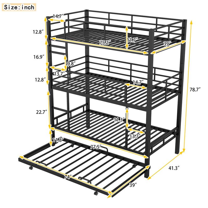 Metal Twin Size Triple Bunk Bed with Trundle