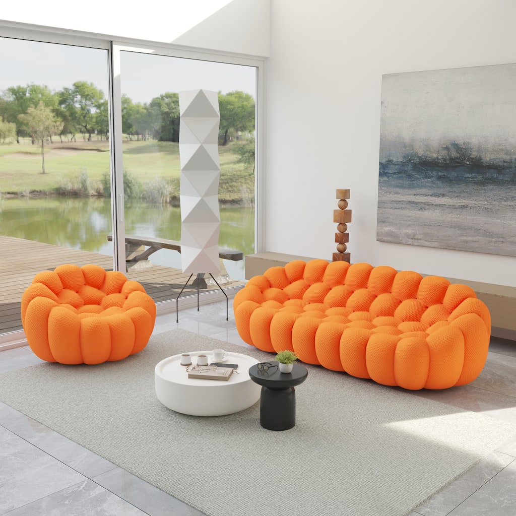 2PCS 3D Honeycomb Fabric Upholstered Bubble Sofa, 3 Seater Bubble Couch and Single Sofa for Living Room