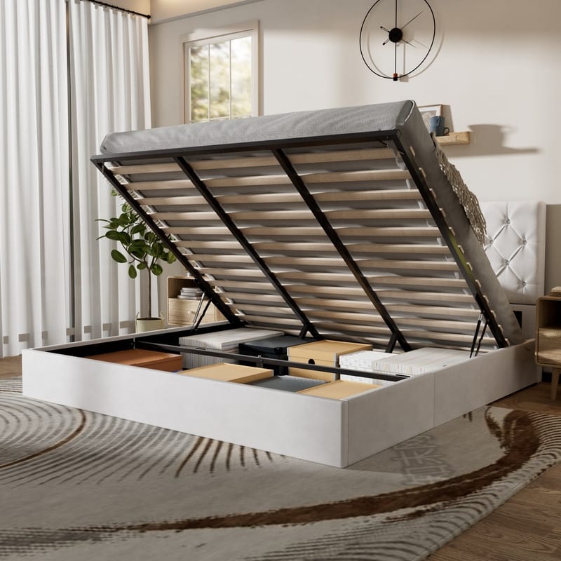 Plywood Frame Upholstered Platform Bed with Lift-up Storage Supported by Metal and Wooden Slats