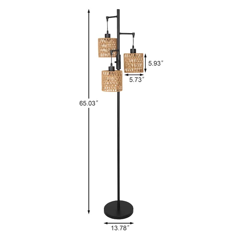 3 Light Rattan Standing Tall Lamp Vintage Floor Lamps