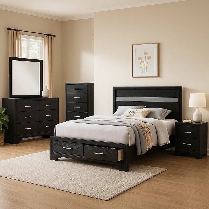 Vino Black 5 Piece Full Bed Set with Storage, Dressers, Glitter Accent