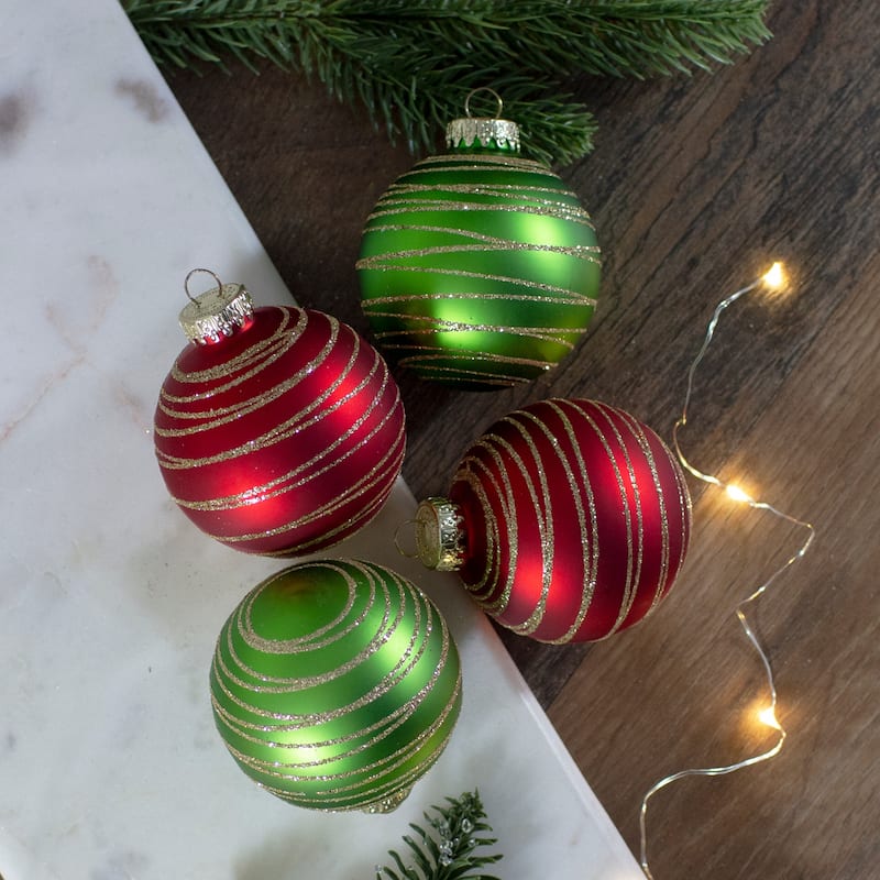 4ct Glass RedGreen Matte Christmas Ball Ornaments 3.25-Inch (80mm)