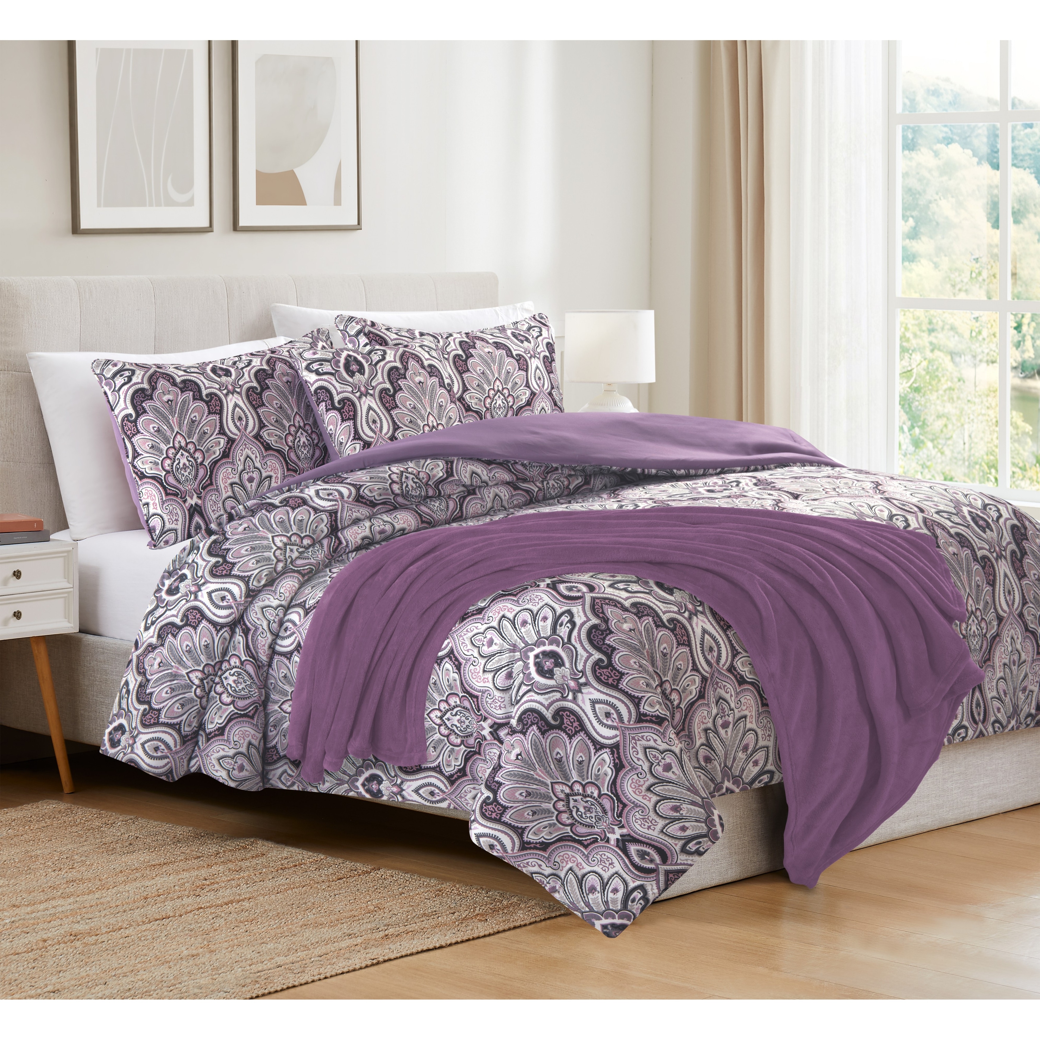 Windsor Purple Comforter Set with Plush Throw