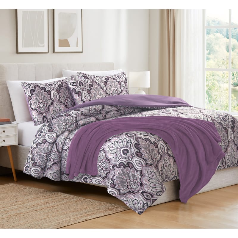 Windsor Purple Comforter Set with Plush Throw
