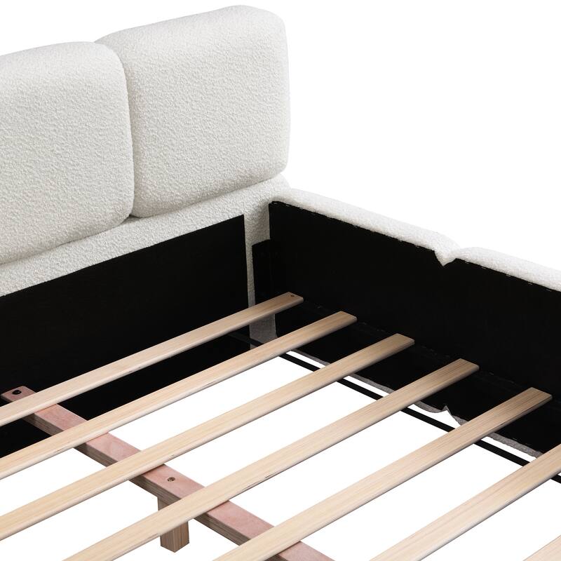 Upholstered King Size Platform Bed with Boucle Headboard, White - Modern & Elegant Design