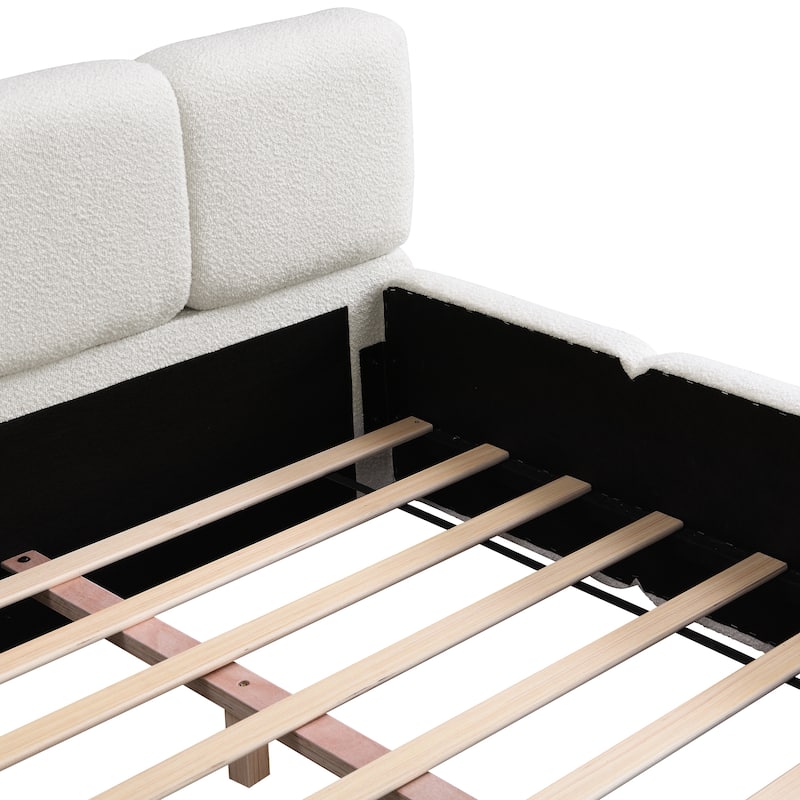 White Block Upholstered Frame Grounded Bed with Boucle Thick Headboard Footboard Platform Bed, Lowprofile Wingback Bed Floor Bed