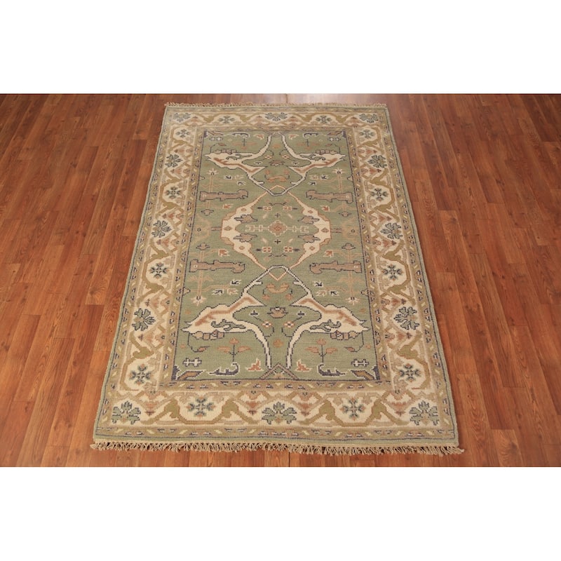 Light Green Oushak Oriental Rug Hand-Knotted Wool Carpet - 4'2"x 5'11"