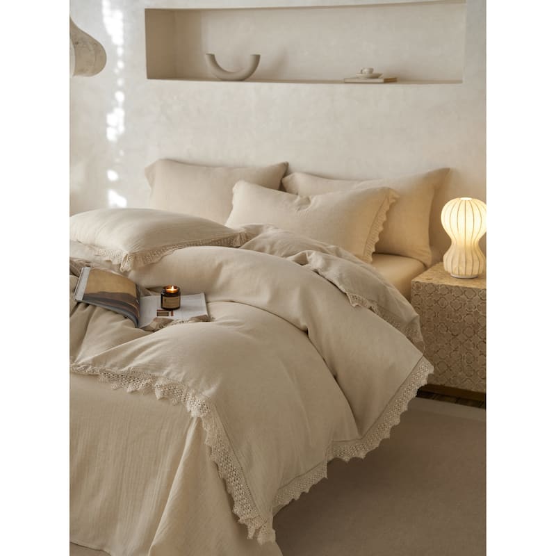 Luna Lace Linen Duvet Cover Set -Top Grade & Natural