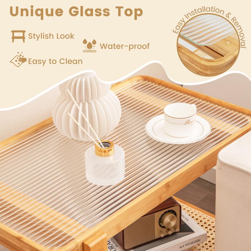 2-tier Wicker Side Table with Glass Top-Natural - 28" x 17.5" x 21.5"