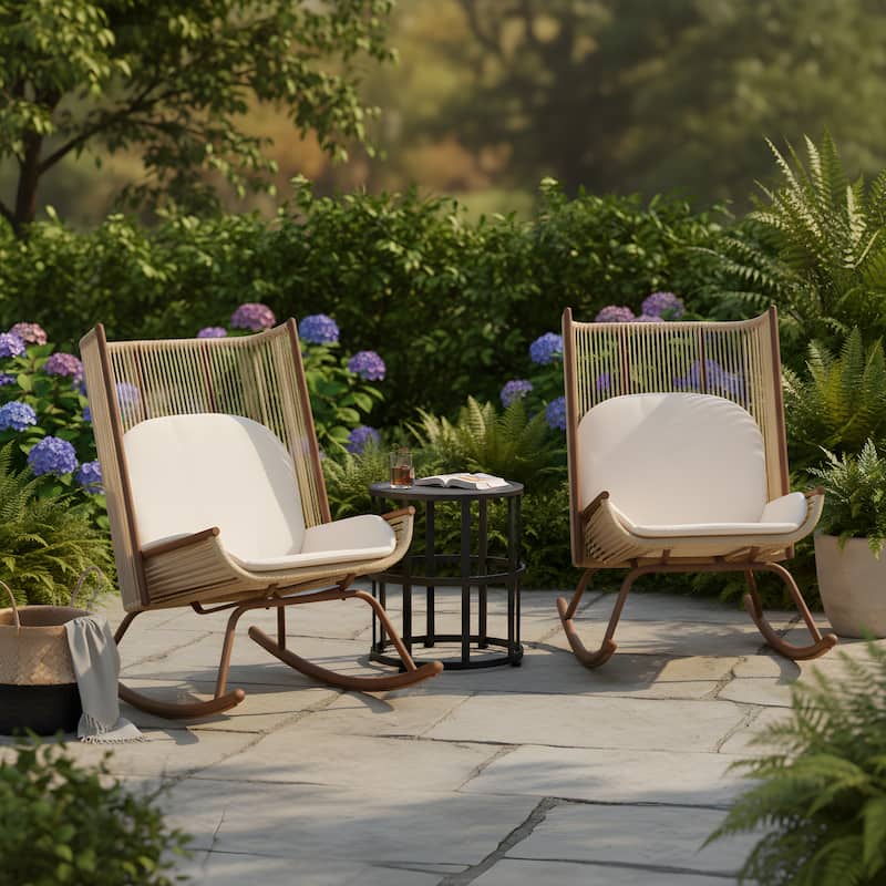 Christopher Knight Home - Siena High Arc Back Outdoor Rocking Chair Set with Cushions and Ceramic Tile Side Table - 3-Piece Set - Brown+Beige+Black