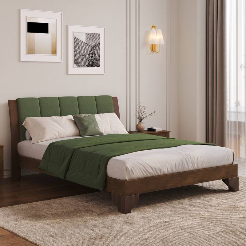 Mid-Century Modern Wood Platform Bed Frame with Upholstered Headboard, Wood Slat Support, No Box Spring Needed, Easy Assembly