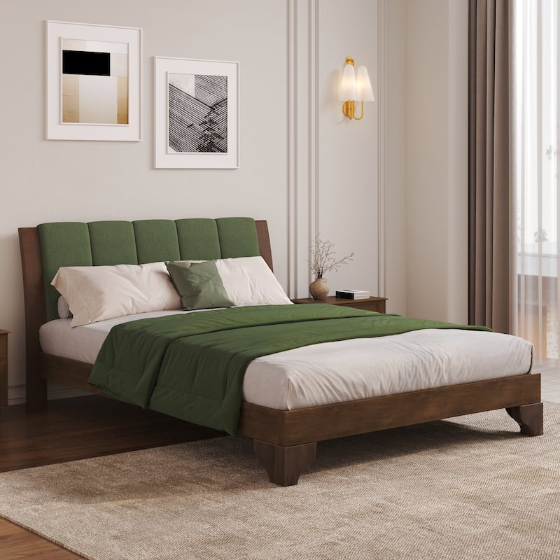 Pine Wood Bed Frame Mid Century Modern Platform Bed with Green Upholstered Headboard, Wood Slat Support Low Profile Wingback Bed - Green Walnut - Queen