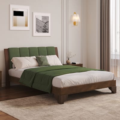 Pine Wood Bed Frame Mid Century Modern Platform Bed with Green Upholstered Headboard, Wood Slat Support Low Profile Wingback Bed