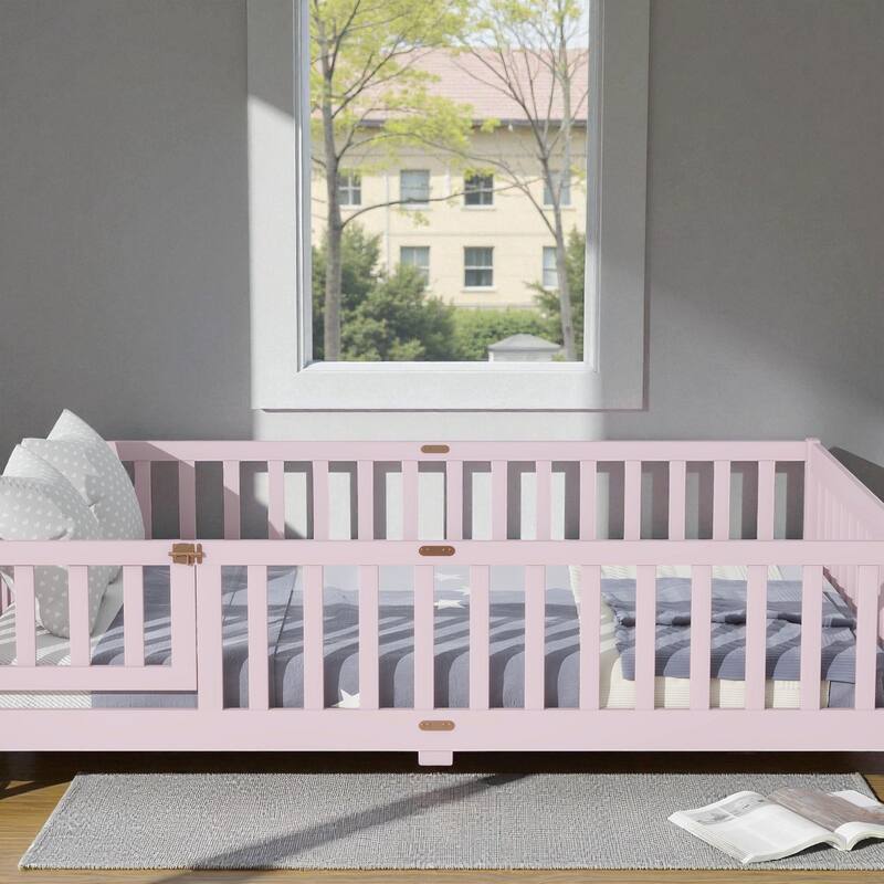 Full Size Rubber Wood Floor Bed with Fence and Door, Montessori Platform Bed with Safety Guardrails for Kids