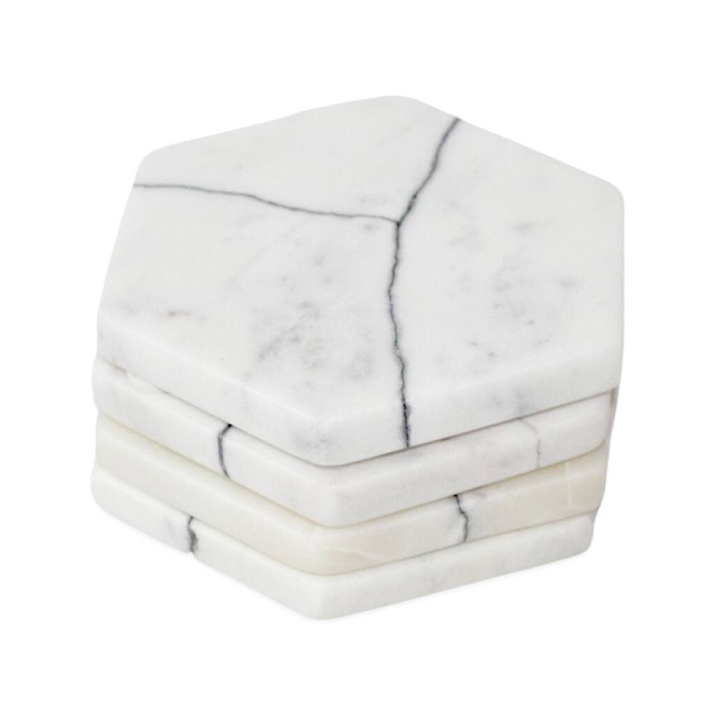 Set of 4 Veined White Marble Hexagon Coasters - White