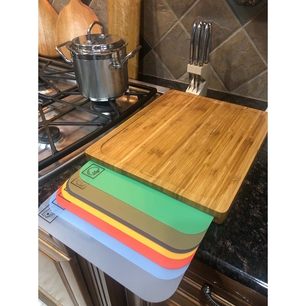 Bamboo Cutting Board with 7 Color-Coded Cutting Mats with Food Icons Set by  Seville Classics 