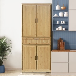 VEIKOUS 72 in. H Bamboo Closed Kitchen Pantry Cupboard Closet with ...