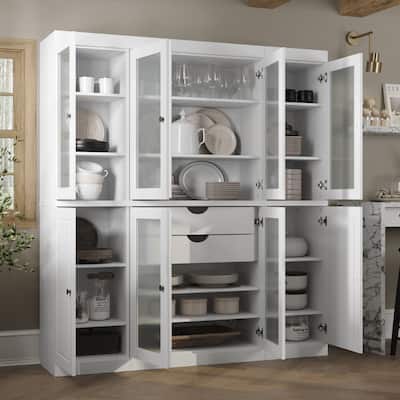 100% Solid Wood 65" Pantry China Cabinet with Frosted Glass Doors and 2-Drawers