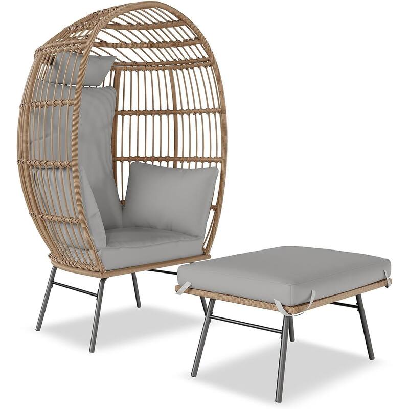 Patio Egg Chair Outdoor with Ottoman Cushions - Grey