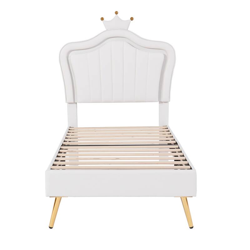 Twin Size LED Upholstered Bed Frame with Crown Headboard, White