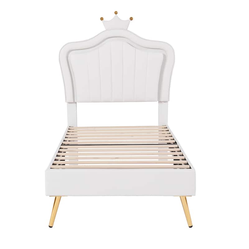 White Twin Upholstered Platform Bed with LED Crown Headboard - MDF, Plywood, PU, Metal, 600LBS Capacity