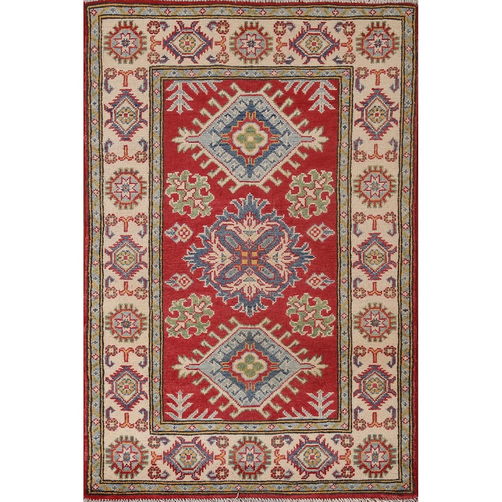 Geometric Red Kazak Accent Rug Handmade Wool Carpet - 2'8" x 4'1"