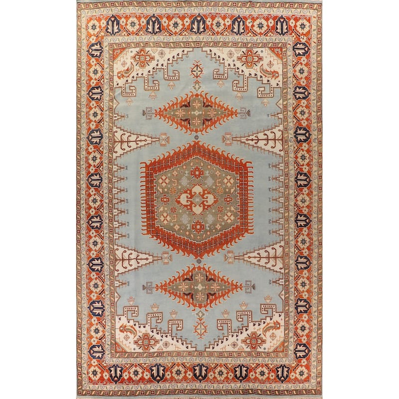 Light Blue Orange Viss Oriental Large Rug Hand-Knotted Wool Carpet - 11'9" X 17'9"