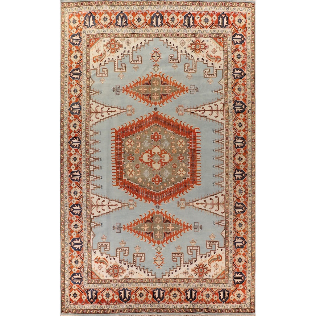Light Blue Orange Viss Oriental Large Rug Hand-Knotted Wool Carpet - 11'9" X 17'9"