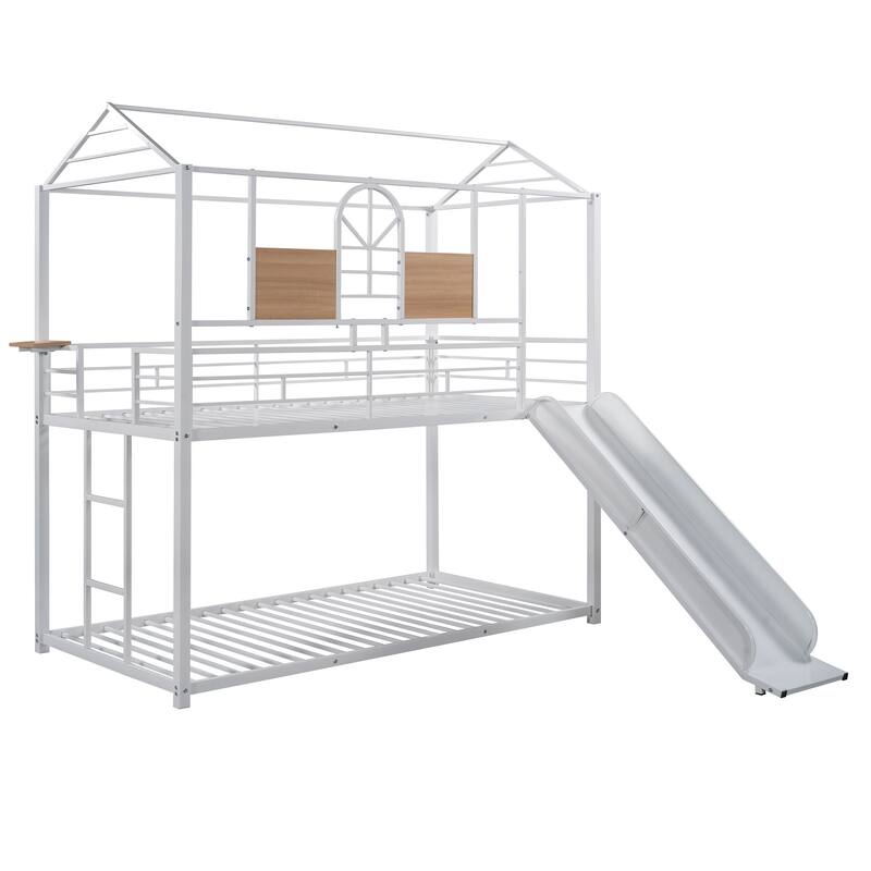 Twin Over Twin Metal Bunk Bed with Slide, Playhouse Design